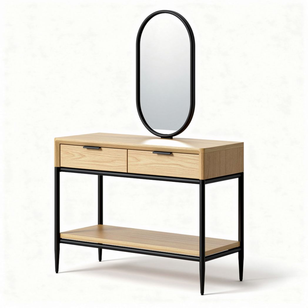 Meuble console en bois avec miroir ovale et tiroirs 120 x 40 x 75cm