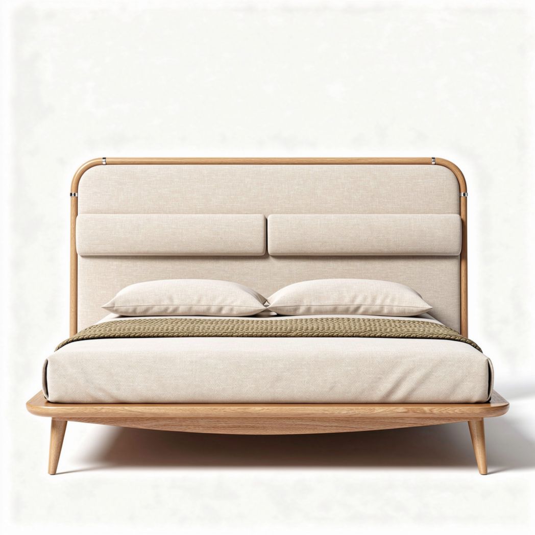 Lit en bois avec tête de lit rembourrée en tissu beige 210 x 180 x 100cm