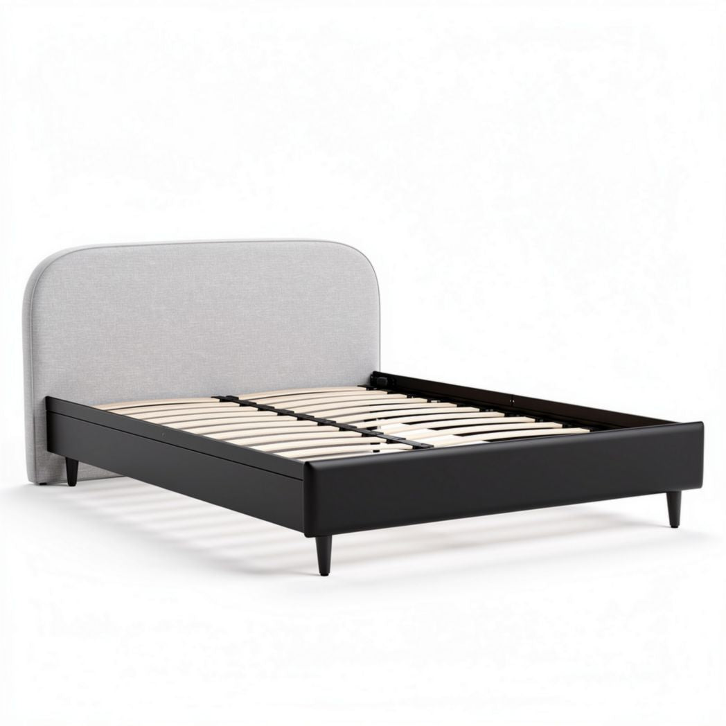 Lit double en bois noir avec tête de lit rembourrée en tissu gris 200 x 160 x 30cm