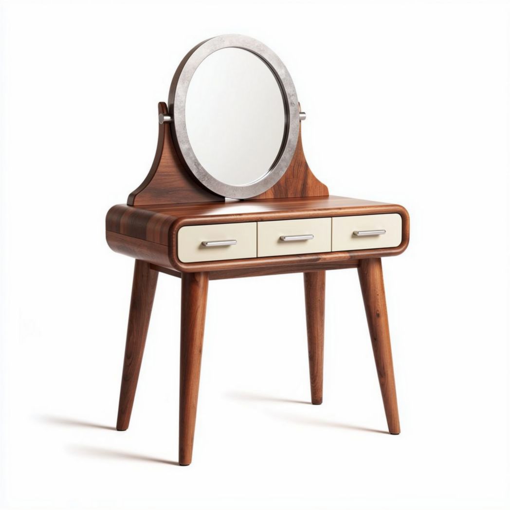 Coiffeuse en bois avec miroir rond et tiroirs de rangement 80 x 40 x 140cm