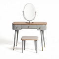 Coiffeuse moderne en bois avec miroir rond et tabouret en tissu 100 x 40 x 75cm