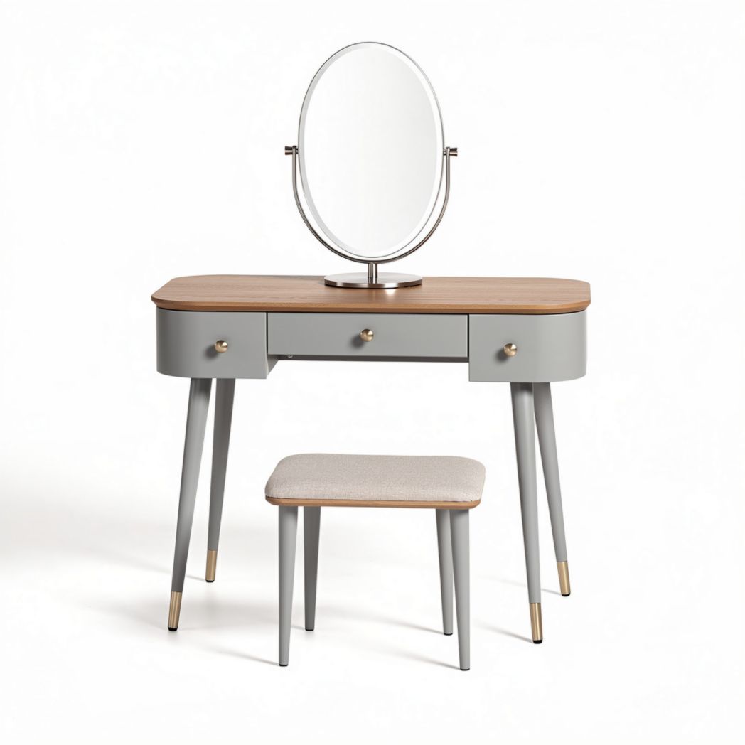 Coiffeuse moderne en bois avec miroir rond et tabouret en tissu 100 x 40 x 75cm