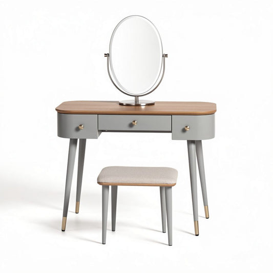 Coiffeuse moderne en bois avec miroir rond et tabouret en tissu 100 x 40 x 75cm
