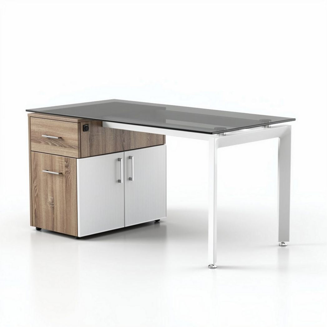 Bureau moderne en verre et bois avec rangement 150 x 70 x 75cm