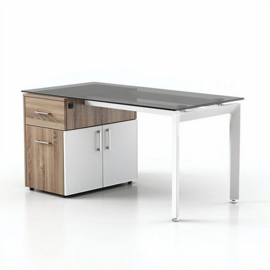 Bureau moderne en verre et bois avec rangement 150 x 70 x 75cm