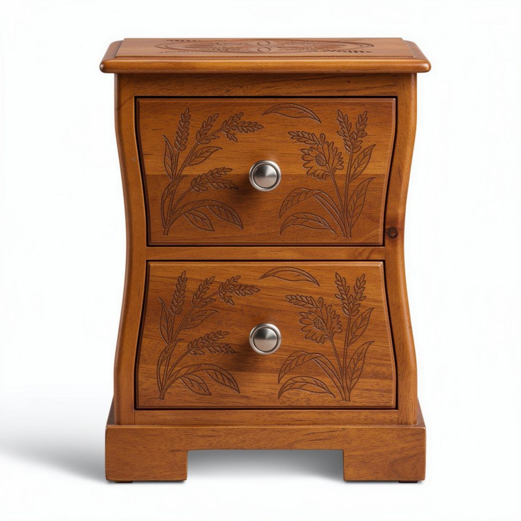 Table de chevet en bois avec gravure florale dimensions 40 x 30 x 60cm