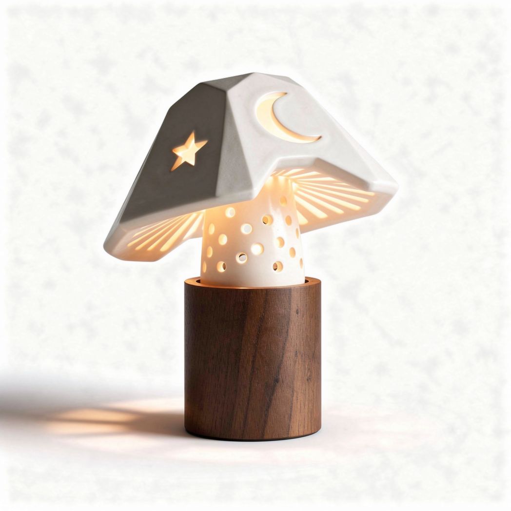Lampe en céramique en forme de champignon avec support en bois 15 x 15 x 25cm